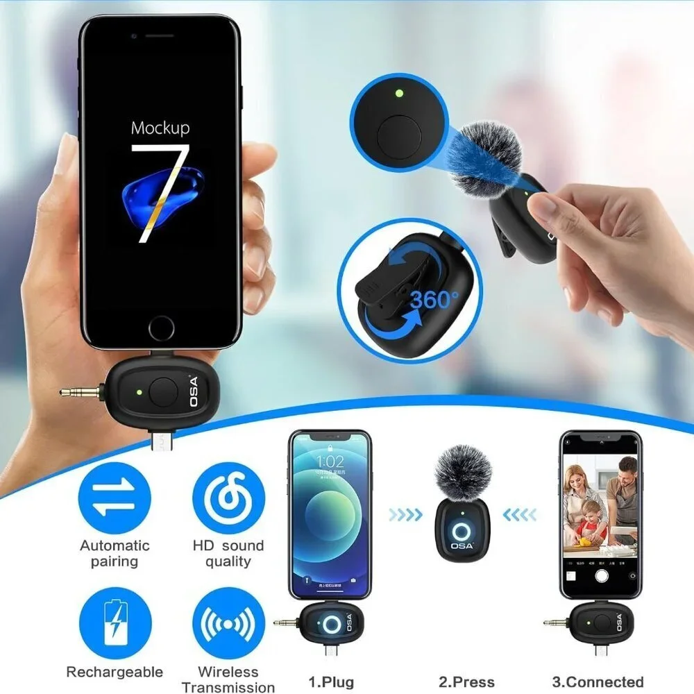 Wireless Lavalier Microphone,3 in 1 Mini Wireless Microphone w/ Noise Reduction